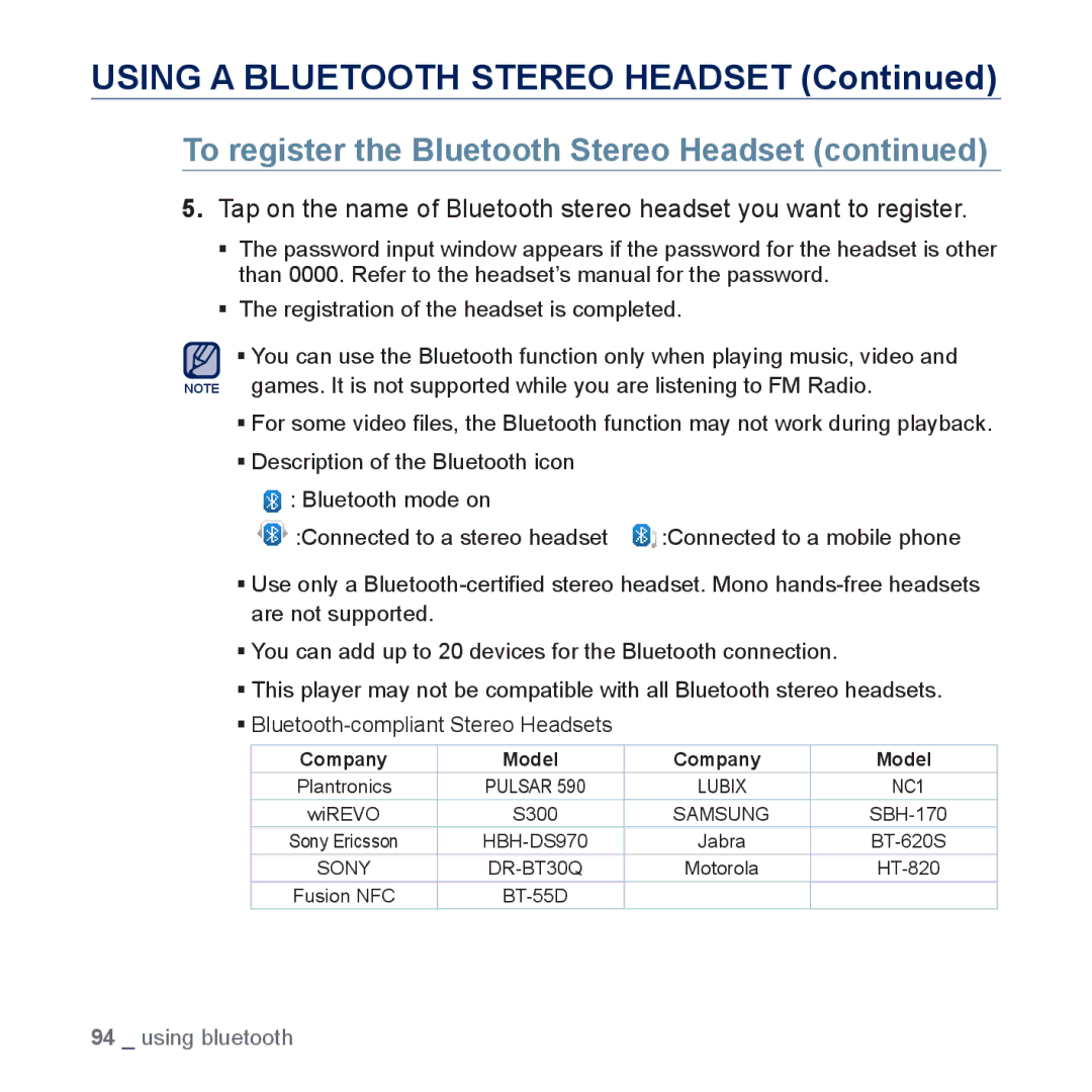 Samsung YP-P3 user manual Using a Bluetooth Stereo Headset, Company Model 