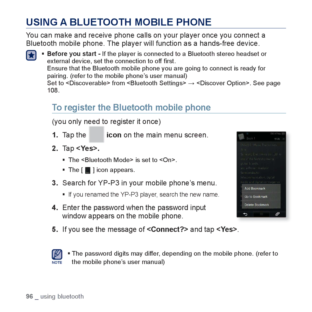 Samsung YP-P3 user manual Using a Bluetooth Mobile Phone, To register the Bluetooth mobile phone, Tap Yes 