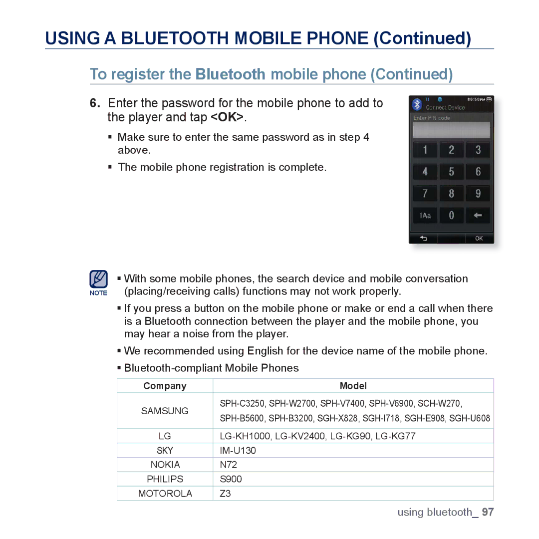 Samsung YP-P3 user manual Using a Bluetooth Mobile Phone 