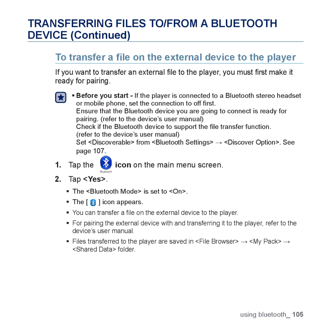 Samsung YP-P3CB/MEA To transfer a ﬁle on the external device to the player, Tap the icon on the main menu screen Tap Yes 