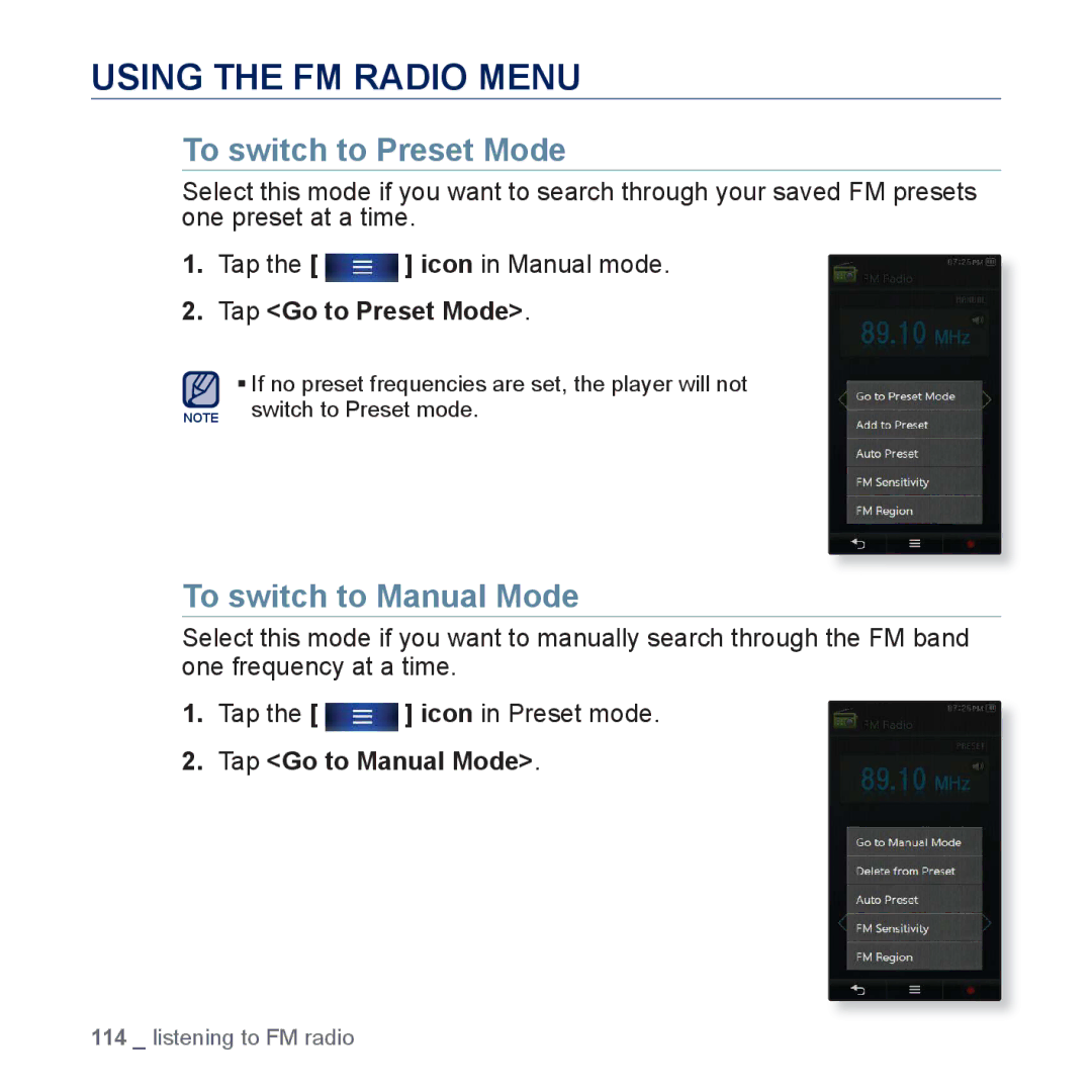 Samsung YP-P3CB/SUN Using the FM Radio Menu, To switch to Preset Mode, To switch to Manual Mode, Tap Go to Preset Mode 