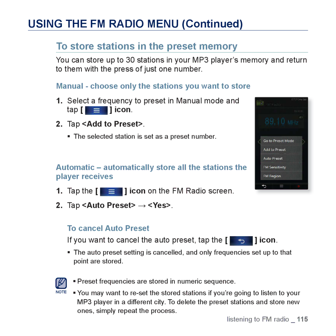 Samsung YP-P3EB/SUN, YP-P3CB/AAW Using the FM Radio Menu, To store stations in the preset memory, To cancel Auto Preset 