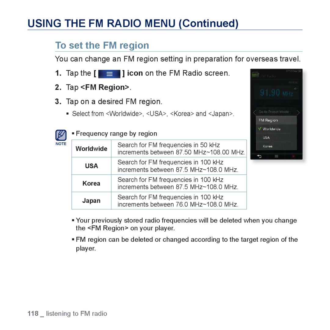 Samsung YP-P3CB/MEA, YP-P3CB/AAW, YP-P3EB/MEA, YP-P3CS/MEA To set the FM region, Tap FM Region, Tap on a desired FM region 