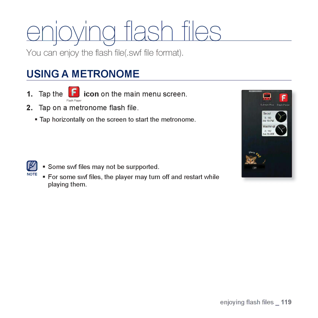 Samsung YP-P3EB/MEA, YP-P3CB/AAW, YP-P3CB/MEA, YP-P3CS/MEA, YP-P3CS/AAW, YP-P3ES/AAW Enjoying ﬂ ash ﬁ les, Using a Metronome 