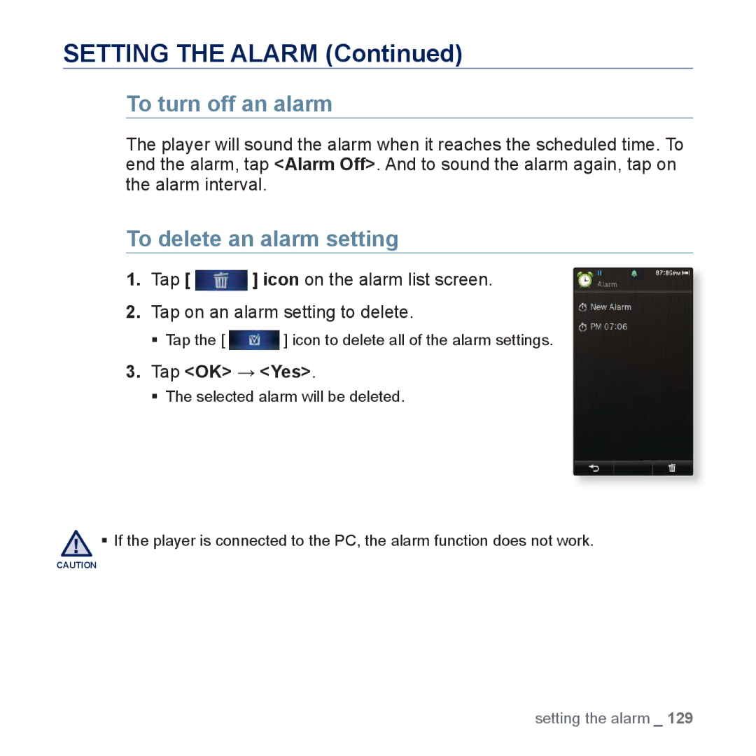 Samsung YP-P3CS/SUN, YP-P3CB/AAW, YP-P3CB/MEA manual Setting the Alarm, To turn off an alarm, To delete an alarm setting 