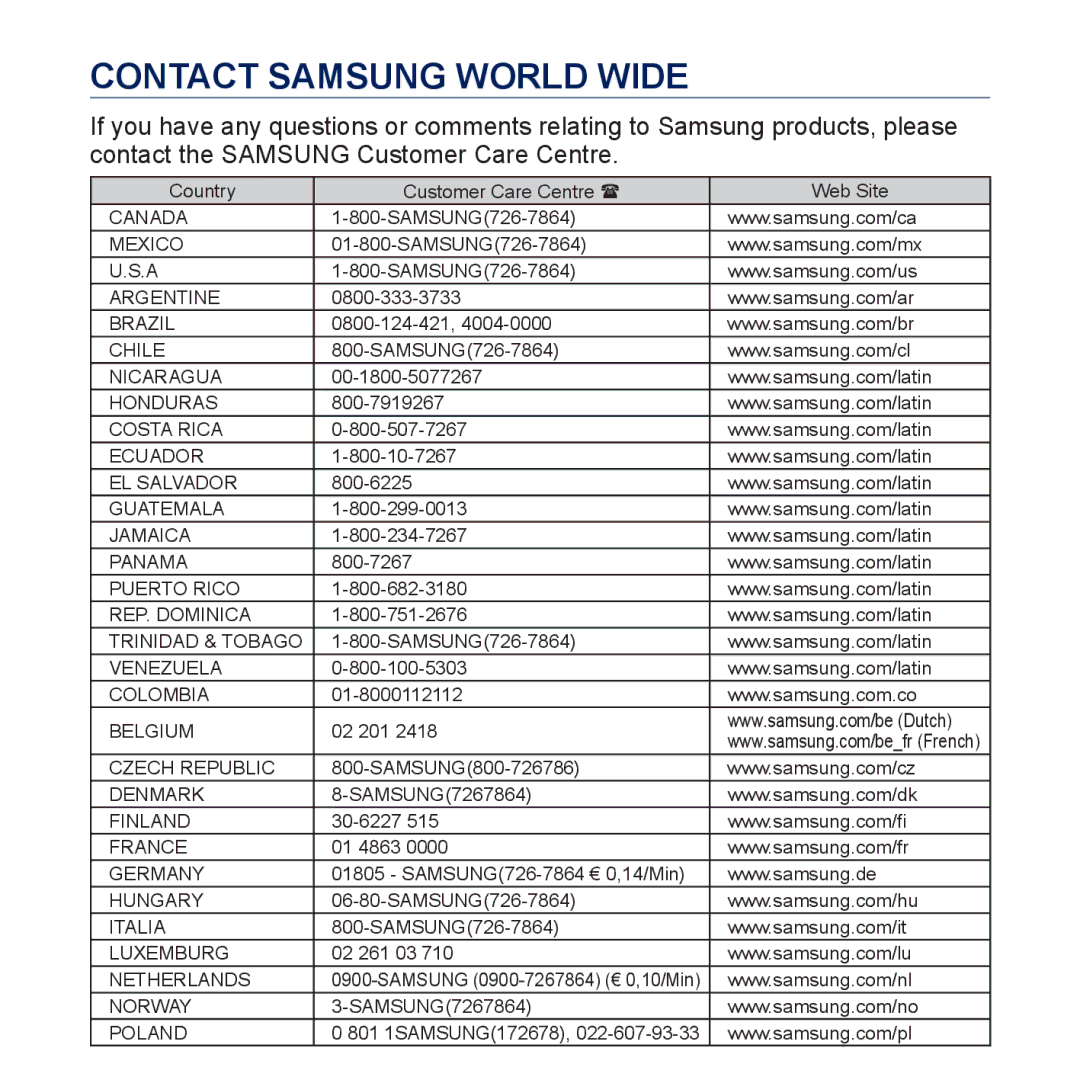 Samsung YP-P3EB/SUN, YP-P3CB/AAW, YP-P3CB/MEA, YP-P3EB/MEA, YP-P3CS/MEA, YP-P3CS/AAW, YP-P3ES/AAW Contact Samsung World Wide 