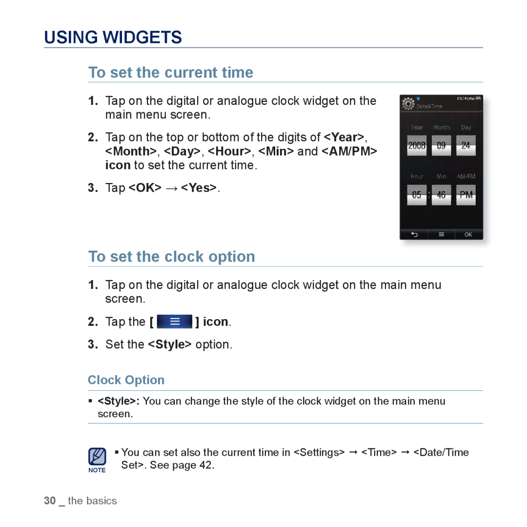 Samsung YP-P3CS/AAW, YP-P3CB/AAW, YP-P3CB/MEA Using Widgets, To set the current time, To set the clock option, Clock Option 