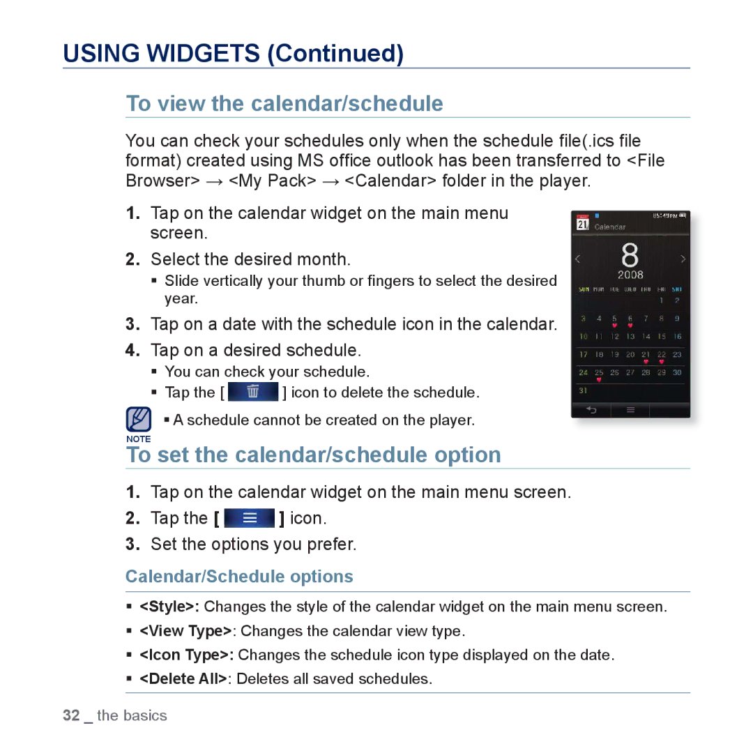 Samsung YP-P3AB/HAC manual To view the calendar/schedule, To set the calendar/schedule option, Calendar/Schedule options 