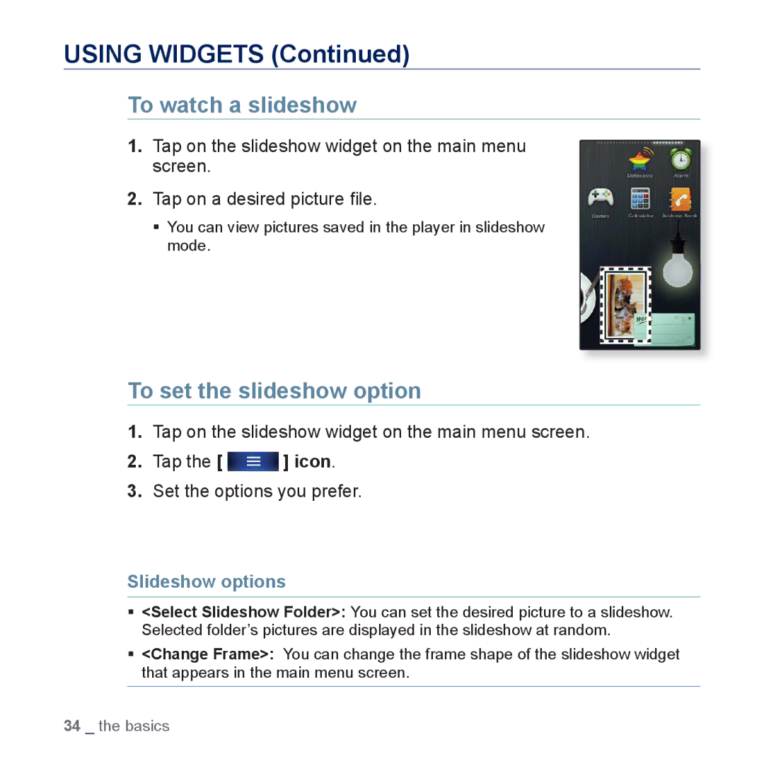 Samsung YP-P3AB/MEA, YP-P3CB/AAW, YP-P3CB/MEA manual To watch a slideshow, To set the slideshow option, Slideshow options 