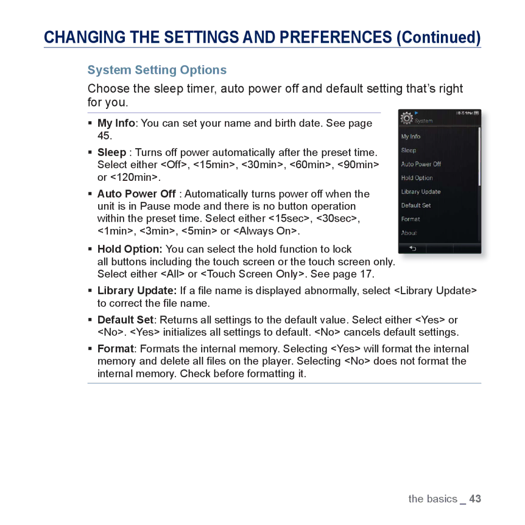 Samsung YP-P3CS/AAW, YP-P3CB/AAW, YP-P3CB/MEA, YP-P3EB/MEA, YP-P3CS/MEA, YP-P3ES/AAW, YP-P3AB/HAC manual System Setting Options 