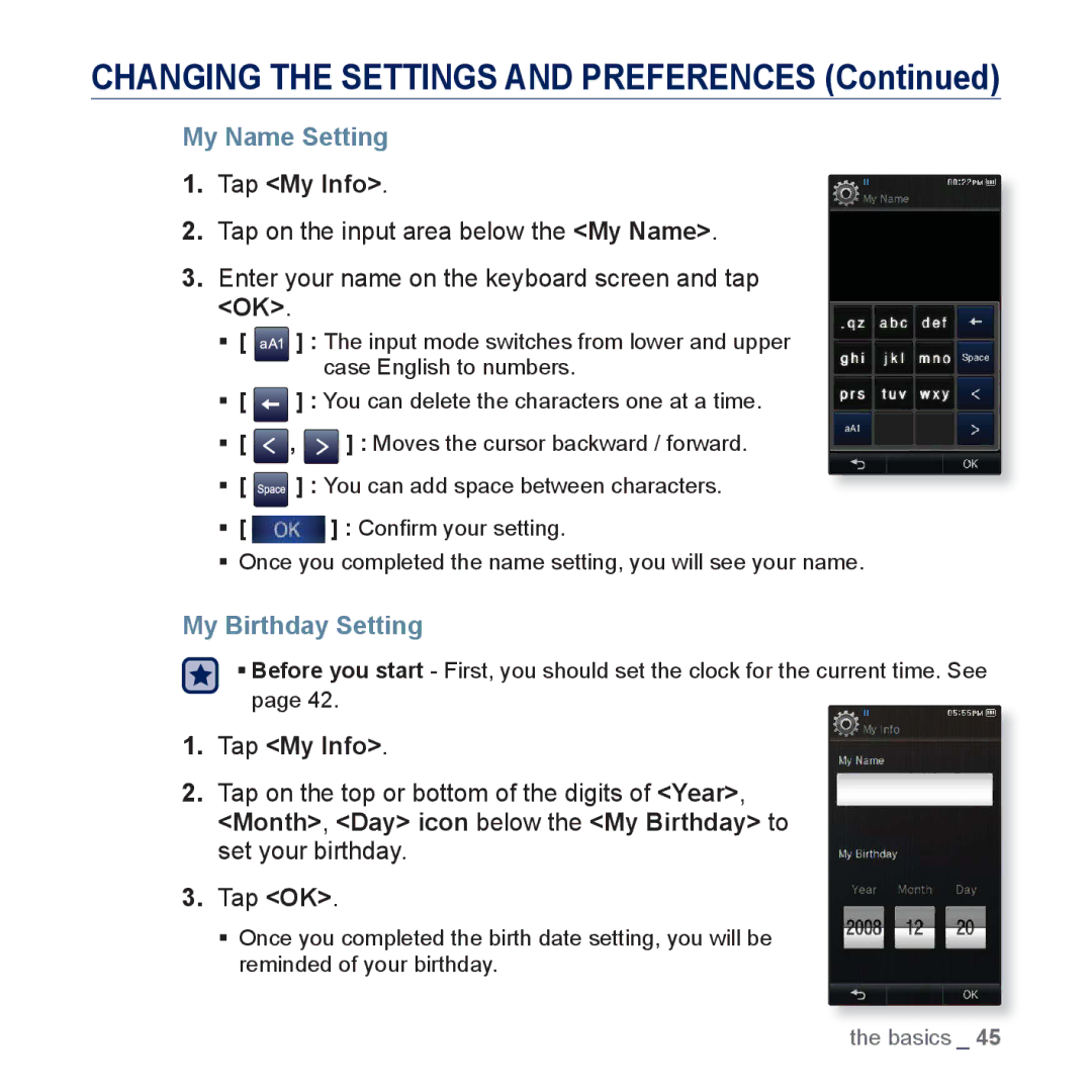 Samsung YP-P3AB/HAC, YP-P3CB/AAW, YP-P3CB/MEA, YP-P3EB/MEA, YP-P3CS/MEA My Name Setting, Tap My Info, My Birthday Setting 