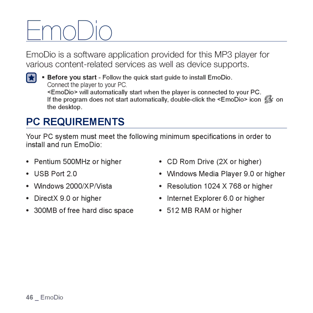 Samsung YP-P3ES/MEA, YP-P3CB/AAW, YP-P3CB/MEA, YP-P3EB/MEA, YP-P3CS/MEA, YP-P3CS/AAW, YP-P3ES/AAW manual EmoDio, PC Requirements 