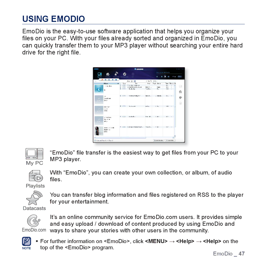 Samsung YP-P3AB/MEA, YP-P3CB/AAW, YP-P3CB/MEA, YP-P3EB/MEA, YP-P3CS/MEA, YP-P3CS/AAW, YP-P3ES/AAW, YP-P3AB/HAC manual Using Emodio 