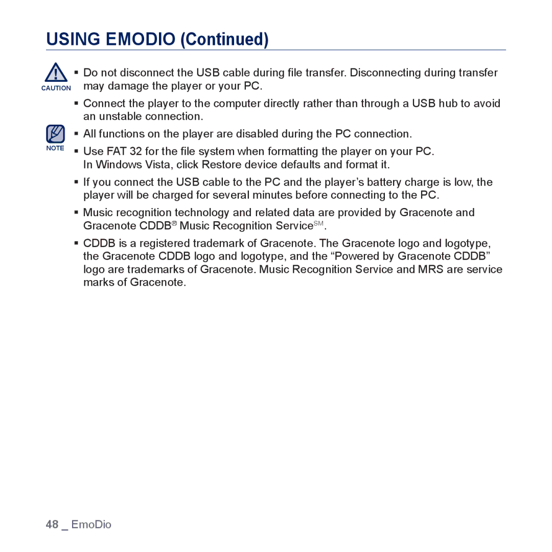 Samsung YP-P3EB/AAW, YP-P3CB/AAW, YP-P3CB/MEA, YP-P3EB/MEA, YP-P3CS/MEA, YP-P3CS/AAW, YP-P3ES/AAW, YP-P3AB/HAC manual Using Emodio 