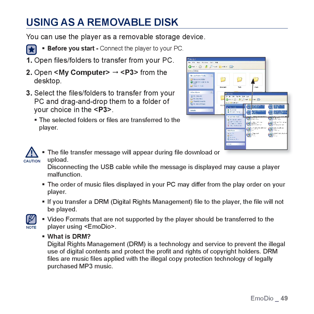 Samsung YP-P3CB/SUN, YP-P3CB/AAW manual Using AS a Removable Disk, You can use the player as a removable storage device 