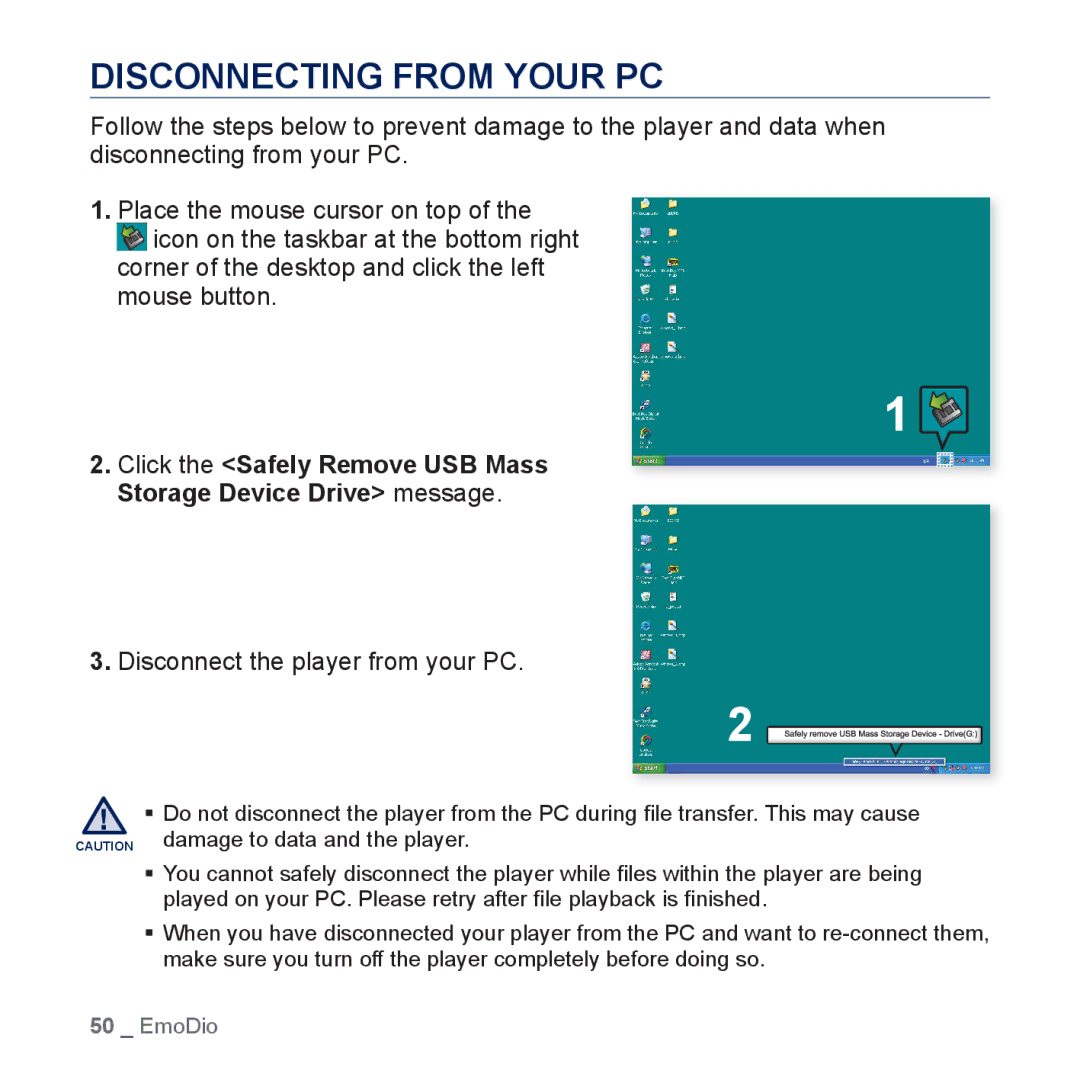 Samsung YP-P3EB/SUN, YP-P3CB/AAW, YP-P3CB/MEA, YP-P3EB/MEA Disconnecting from Your PC, Disconnect the player from your PC 