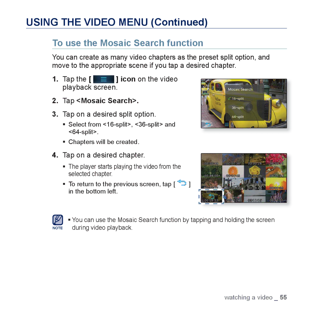 Samsung YP-P3CS/MEA Using the Video Menu, To use the Mosaic Search function, Tap Mosaic Search, Tap on a desired chapter 