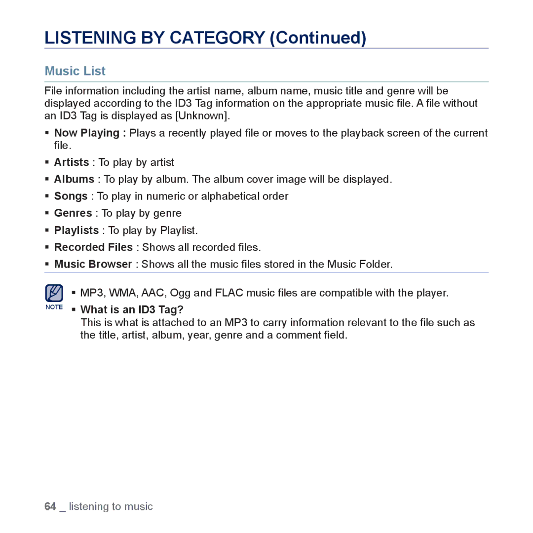 Samsung YP-P3CS/SUN, YP-P3CB/AAW, YP-P3CB/MEA, YP-P3EB/MEA, YP-P3CS/MEA, YP-P3CS/AAW manual Listening by Category, Music List 