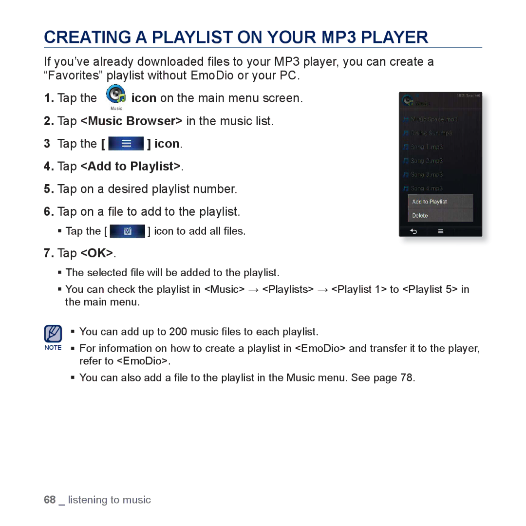 Samsung YP-P3CS/MEA, YP-P3CB/AAW, YP-P3CB/MEA, YP-P3EB/MEA manual Creating a Playlist on Your MP3 Player, Tap Add to Playlist 