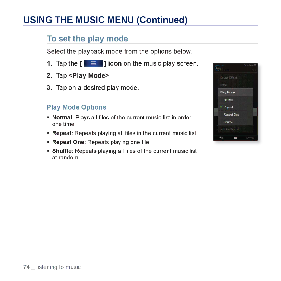 Samsung YP-P3EB/AAW, YP-P3CB/AAW manual To set the play mode, Tap Play Mode, Tap on a desired play mode, Play Mode Options 