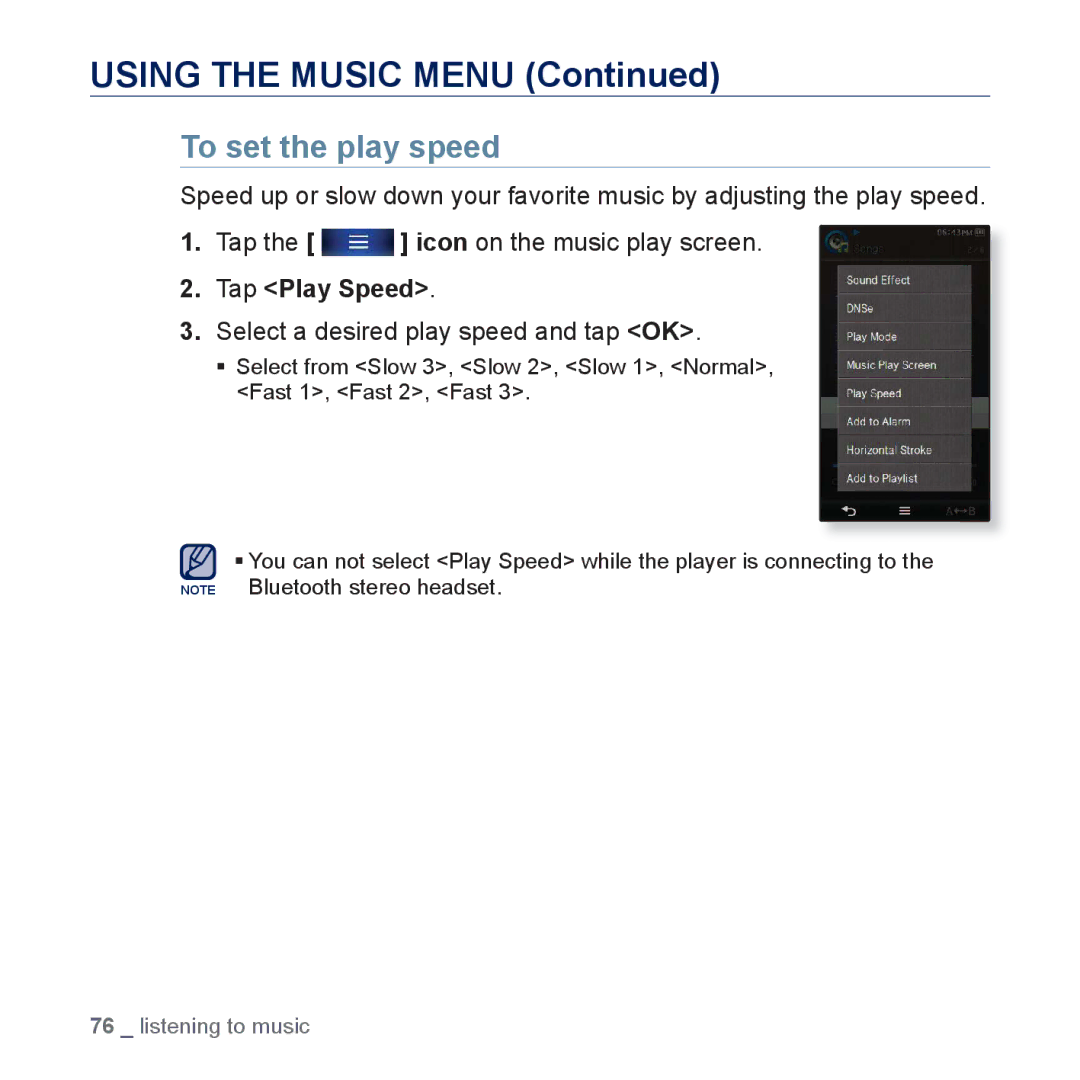 Samsung YP-P3EB/SUN, YP-P3CB/AAW, YP-P3CB/MEA, YP-P3EB/MEA, YP-P3CS/MEA, YP-P3CS/AAW, YP-P3ES/AAW manual To set the play speed 