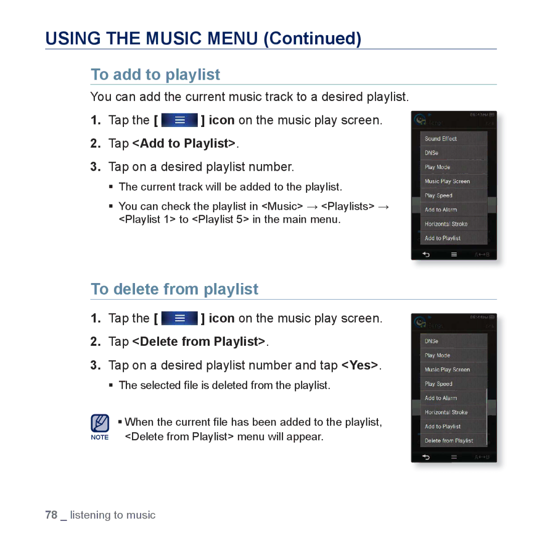 Samsung YP-P3CB/AAW, YP-P3CB/MEA, YP-P3EB/MEA To add to playlist, To delete from playlist, Tap on a desired playlist number 