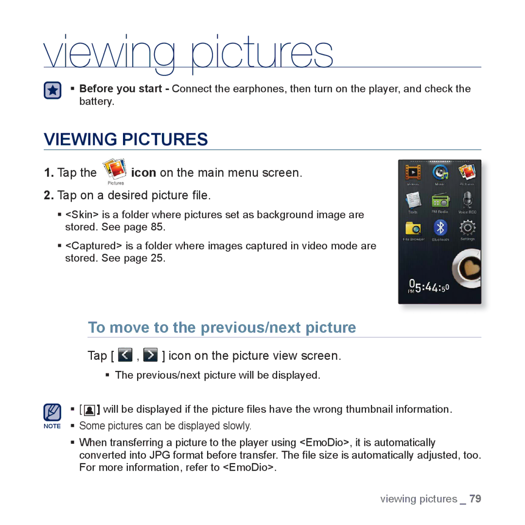 Samsung YP-P3CB/MEA, YP-P3CB/AAW, YP-P3EB/MEA manual Viewing pictures, Viewing Pictures, To move to the previous/next picture 