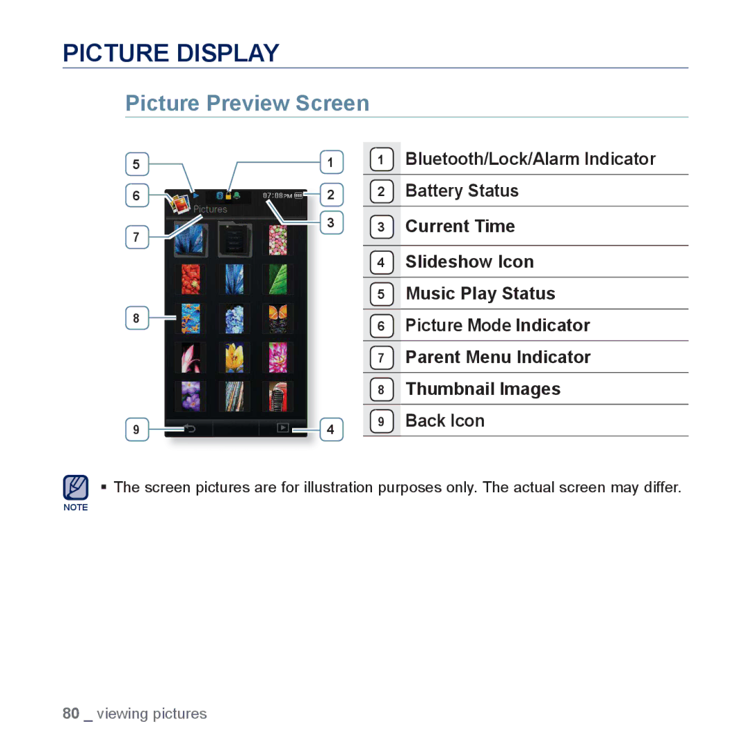 Samsung YP-P3EB/MEA, YP-P3CB/AAW, YP-P3CB/MEA, YP-P3CS/MEA, YP-P3CS/AAW, YP-P3ES/AAW Picture Display, Picture Preview Screen 