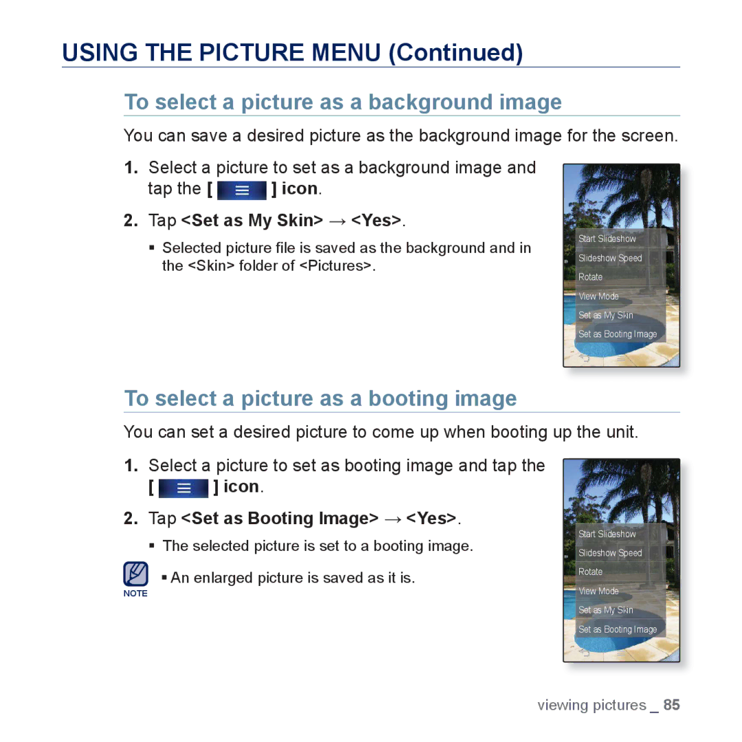 Samsung YP-P3ES/MEA, YP-P3CB/AAW manual To select a picture as a background image, To select a picture as a booting image 