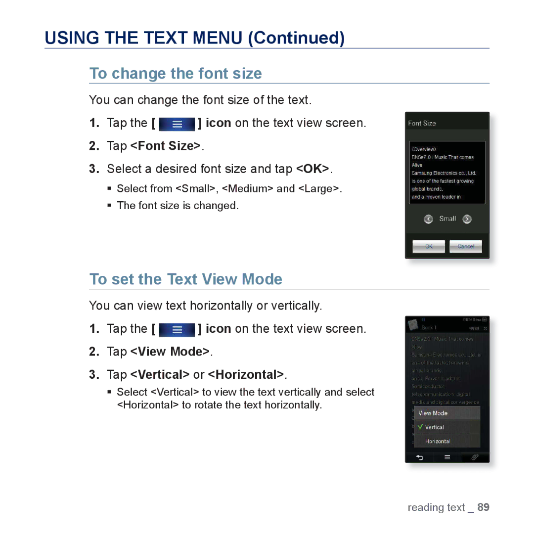 Samsung YP-P3EB/SUN, YP-P3CB/AAW, YP-P3CB/MEA, YP-P3EB/MEA To change the font size, To set the Text View Mode, Tap Font Size 