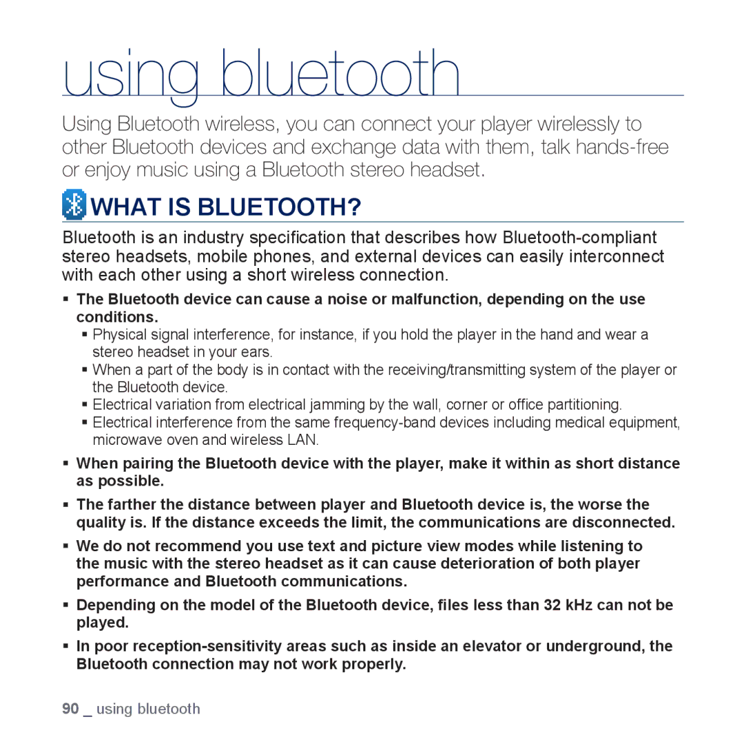 Samsung YP-P3CS/SUN, YP-P3CB/AAW, YP-P3CB/MEA, YP-P3EB/MEA, YP-P3CS/MEA, YP-P3CS/AAW manual Using bluetooth, What is BLUETOOTH? 