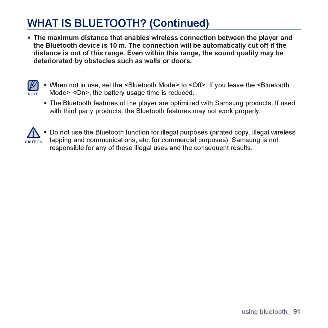 Samsung YP-P3CB/AAW, YP-P3CB/MEA, YP-P3EB/MEA, YP-P3CS/MEA, YP-P3CS/AAW, YP-P3ES/AAW, YP-P3AB/HAC manual What is BLUETOOTH? 