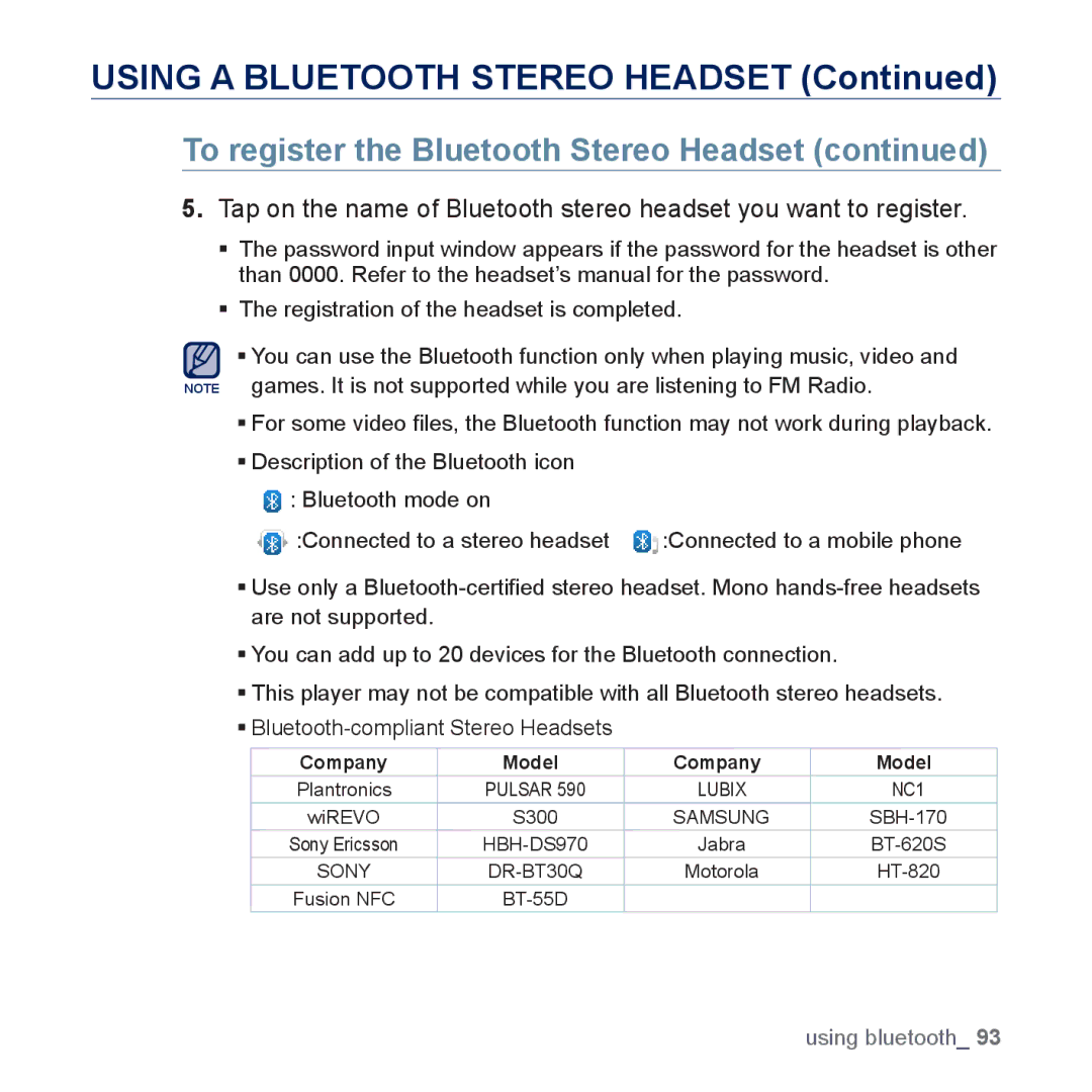 Samsung YP-P3EB/MEA, YP-P3CB/AAW, YP-P3CB/MEA, YP-P3CS/MEA, YP-P3CS/AAW manual Using a Bluetooth Stereo Headset, Company Model 