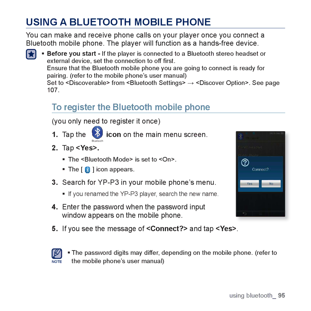 Samsung YP-P3CS/AAW, YP-P3CB/AAW manual Using a Bluetooth Mobile Phone, To register the Bluetooth mobile phone, Tap Yes 