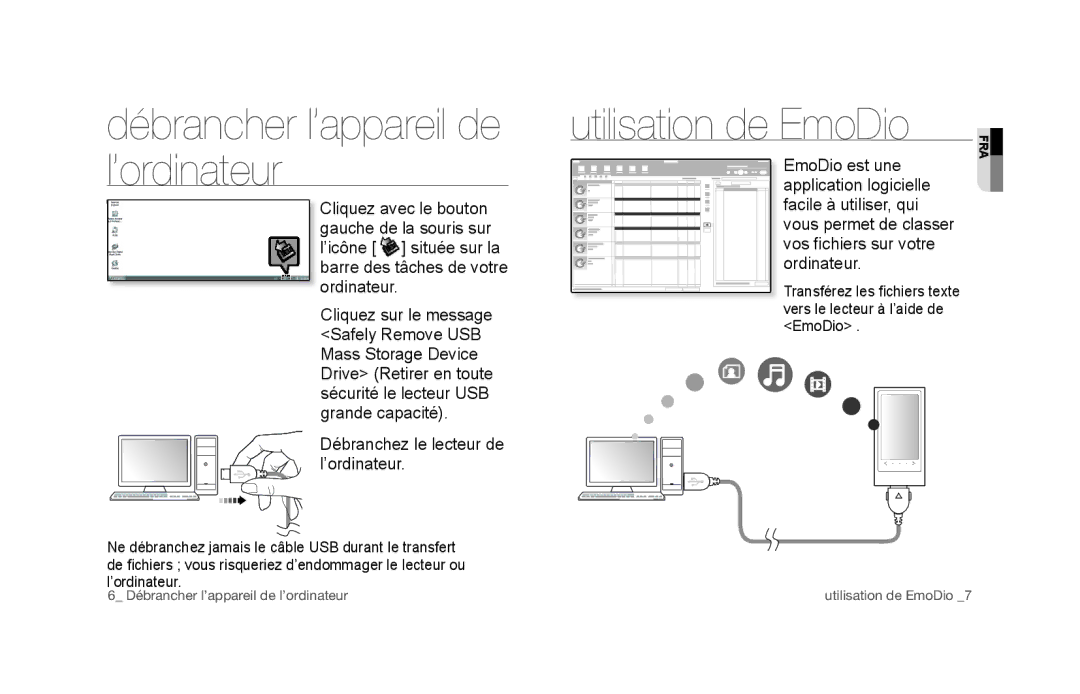 Samsung YP-P3EB/MEA Débrancher l’appareil de l’ordinateur, Utilisation de EmoDio, Débranchez le lecteur de l’ordinateur 