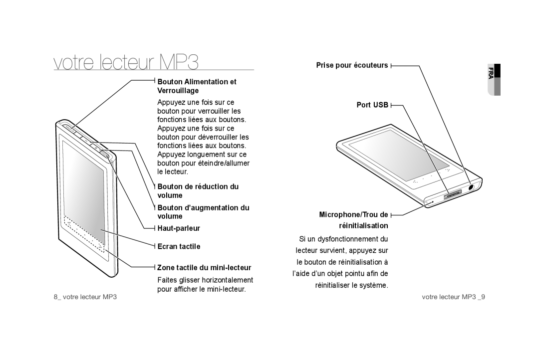 Samsung YP-P3CS/MEA, YP-P3CB/AAW, YP-P3CB/MEA, YP-P3EB/MEA manual Votre lecteur MP3, Bouton Alimentation et Verrouillage 