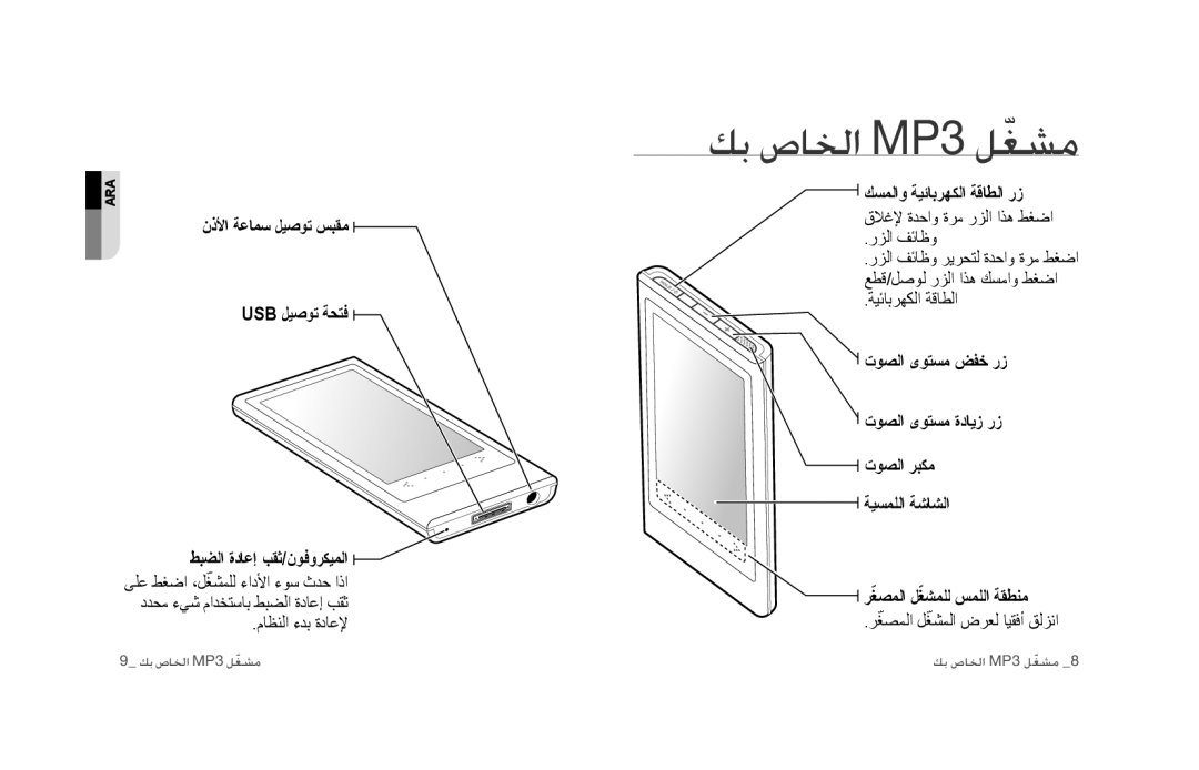 Samsung YP-P3CB/MEA, YP-P3CB/AAW, YP-P3EB/MEA, YP-P3CS/MEA, YP-P3CS/AAW manual ﻚﺑ ﺹﺎﺨﻟﺍ MP3 ﻞﻐﺸﻣﹼ, ﻚﺴﻤﻟﺍﻭ ﺔﻴﺋﺎﺑﺮﻬﻜﻟﺍ ﺔﻗﺎﻄﻟﺍ ﺭﺯ 