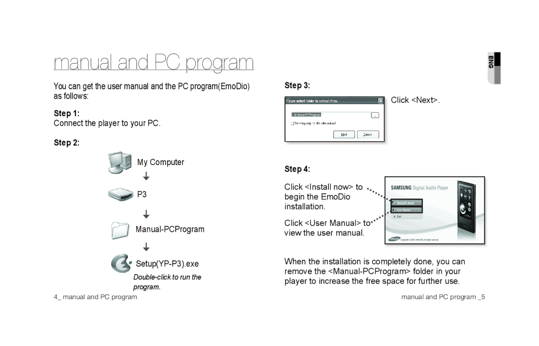 Samsung YP-P3CS/MEA Manual and PC program, Connect the player to your PC, My Computer Manual-PCProgram SetupYP-P3.exe 