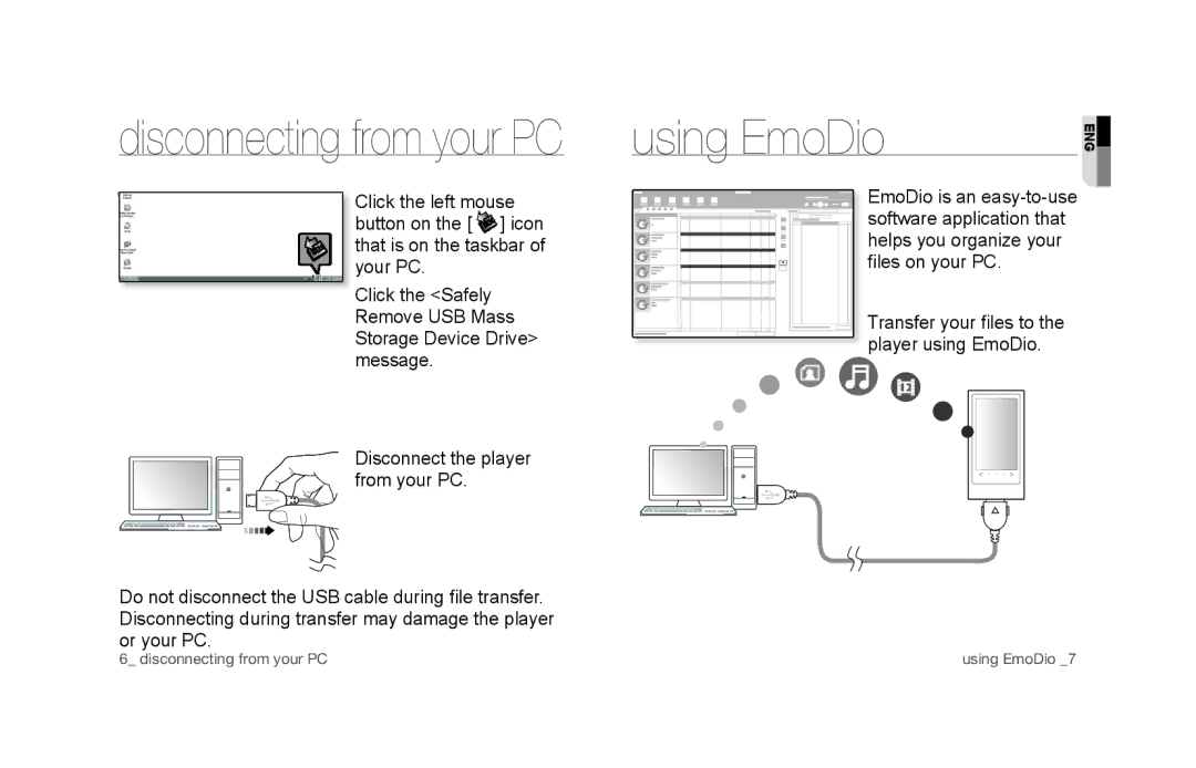 Samsung YP-P3CS/AAW, YP-P3CB/AAW, YP-P3CB/MEA, YP-P3EB/MEA, YP-P3CS/MEA, YP-P3ES/AAW, YP-P3ES/MEA, YP-P3EB/AAW manual Using EmoDio 