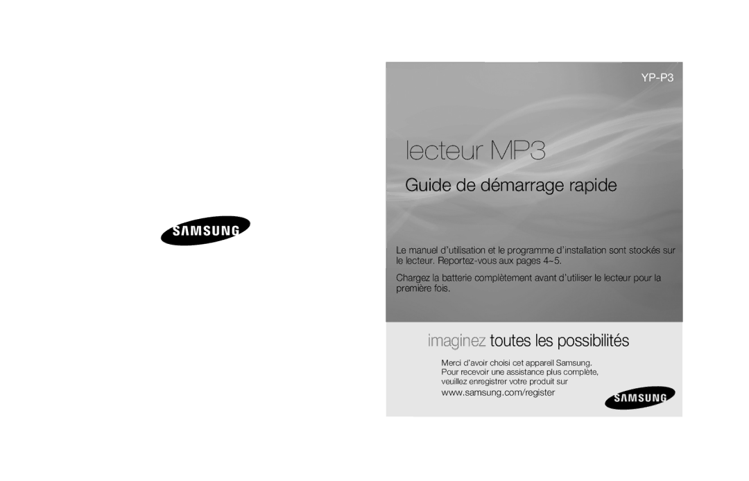 Samsung YP-P3EB/AAW, YP-P3CB/AAW, YP-P3CB/MEA, YP-P3EB/MEA, YP-P3CS/MEA, YP-P3CS/AAW, YP-P3ES/AAW, YP-P3ES/MEA manual Lecteur MP3 