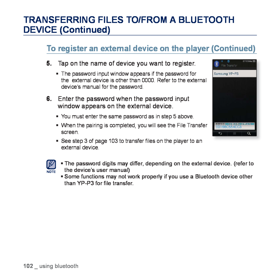 Samsung YP-P3EB/SUN, YP-P3CB/AAW, YP-P3CB/MEA manual TRANSFERRING FILES TO/FROM A BLUETOOTH DEVICE Continued, using bluetooth 
