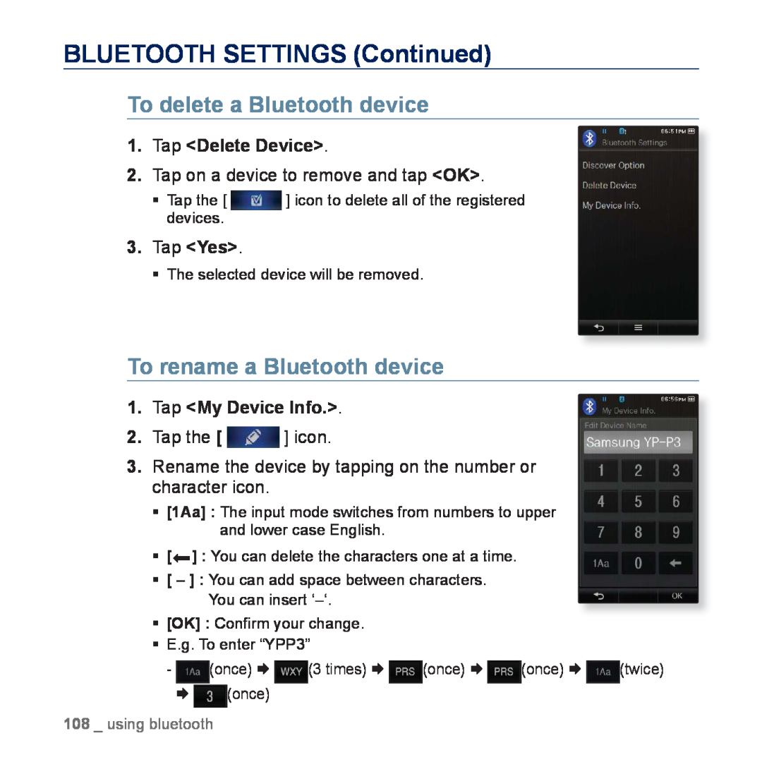 Samsung YP-P3CS/AAW BLUETOOTH SETTINGS Continued, To delete a Bluetooth device, To rename a Bluetooth device, Tap Yes 