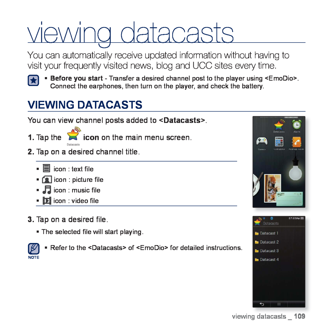 Samsung YP-P3ES/AAW, YP-P3CB/AAW manual viewing datacasts, Viewing Datacasts, You can view channel posts added to Datacasts 