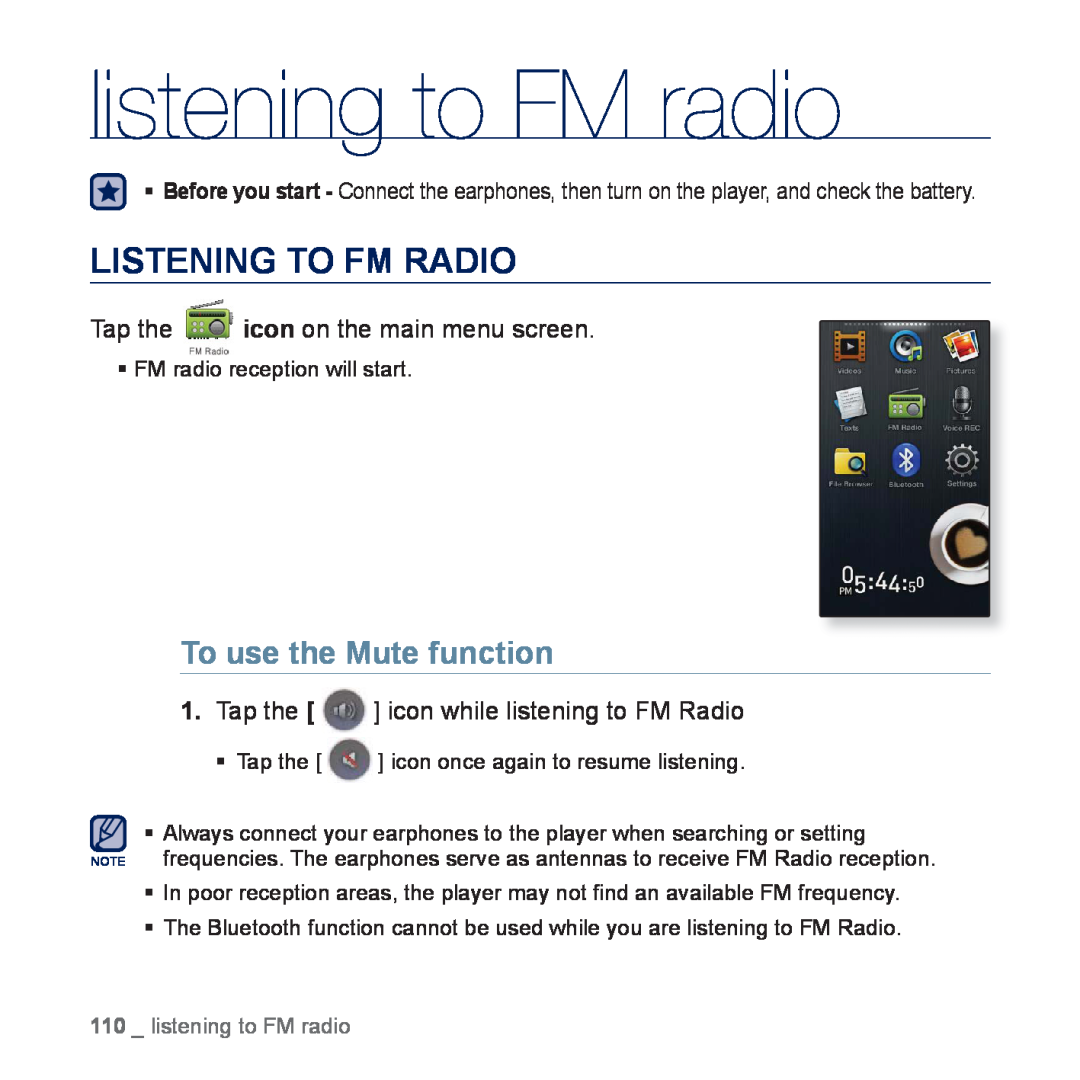Samsung YP-P3AB/HAC, YP-P3CB/AAW, YP-P3CB/MEA manual listening to FM radio, Listening To Fm Radio, To use the Mute function 