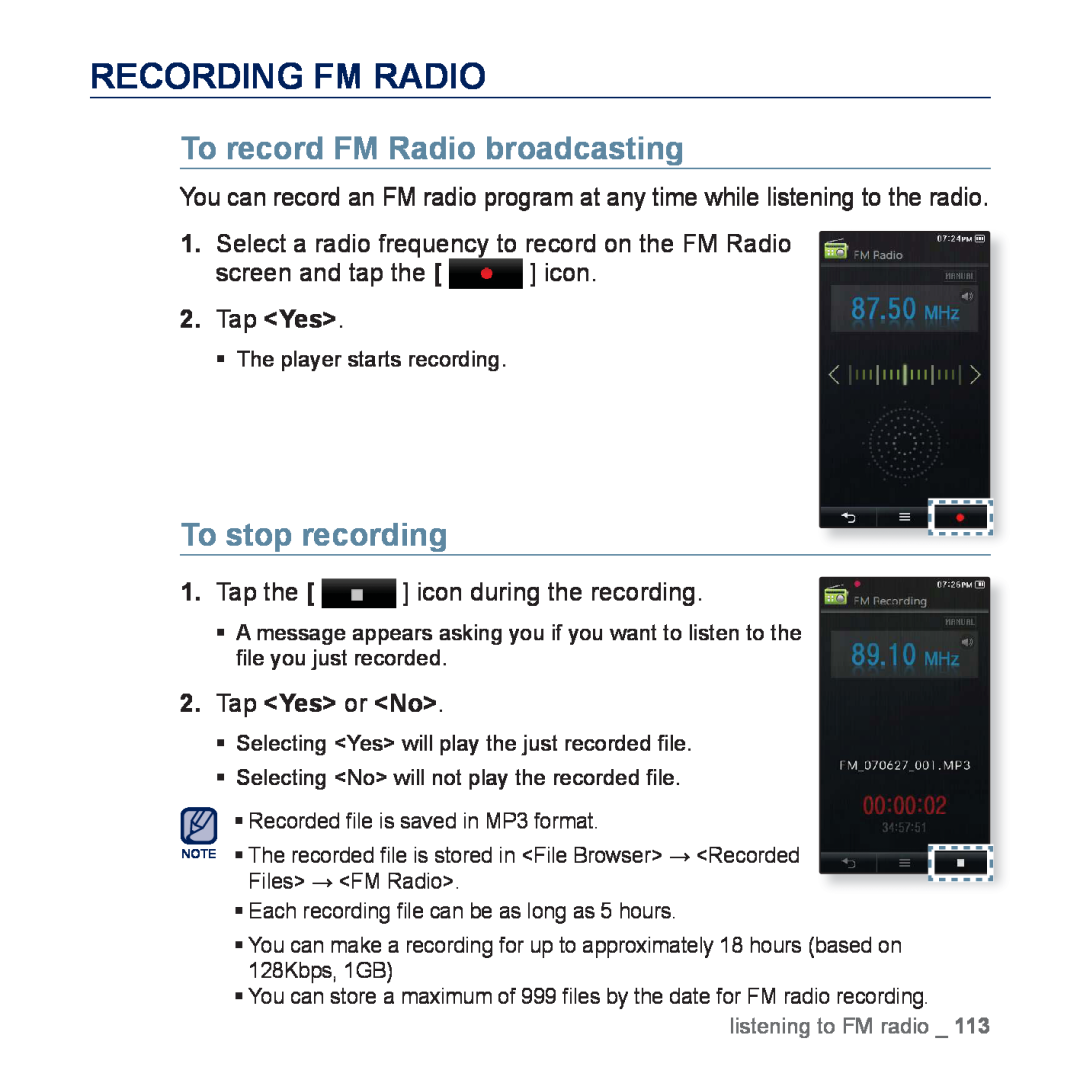 Samsung YP-P3EB/AAW, YP-P3CB/AAW, YP-P3CB/MEA manual Recording Fm Radio, To record FM Radio broadcasting, To stop recording 