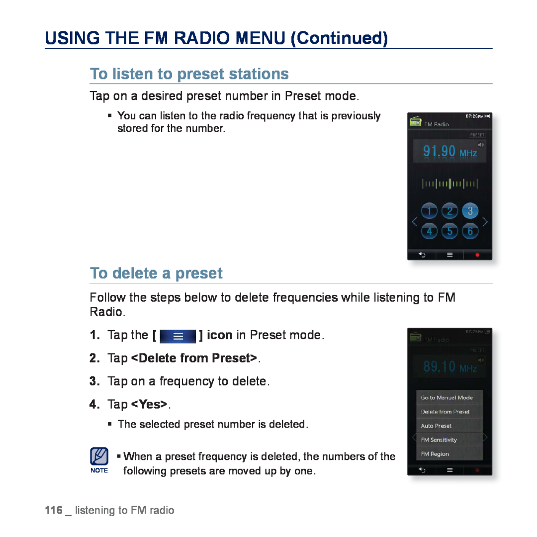 Samsung YP-P3CS/SUN manual To listen to preset stations, To delete a preset, Tap on a desired preset number in Preset mode 