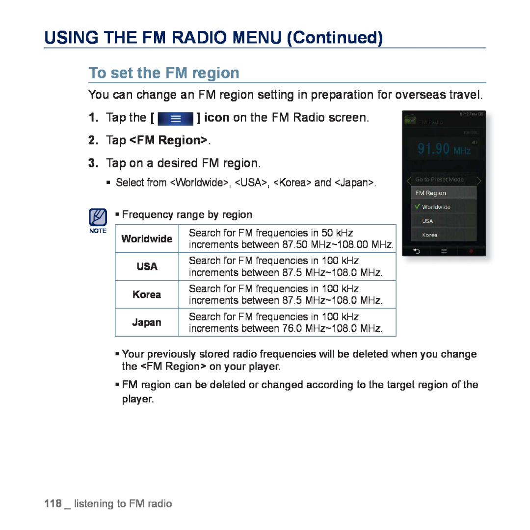 Samsung YP-P3CB/MEA, YP-P3CB/AAW manual To set the FM region, Tap on a desired FM region, USING THE FM RADIO MENU Continued 