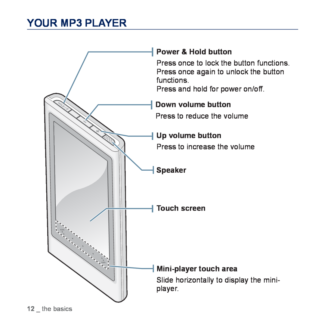 Samsung YP-P3CS/SUN, YP-P3CB/AAW YOUR MP3 PLAYER, Press and hold for power on/off, Press to reduce the volume, the basics 