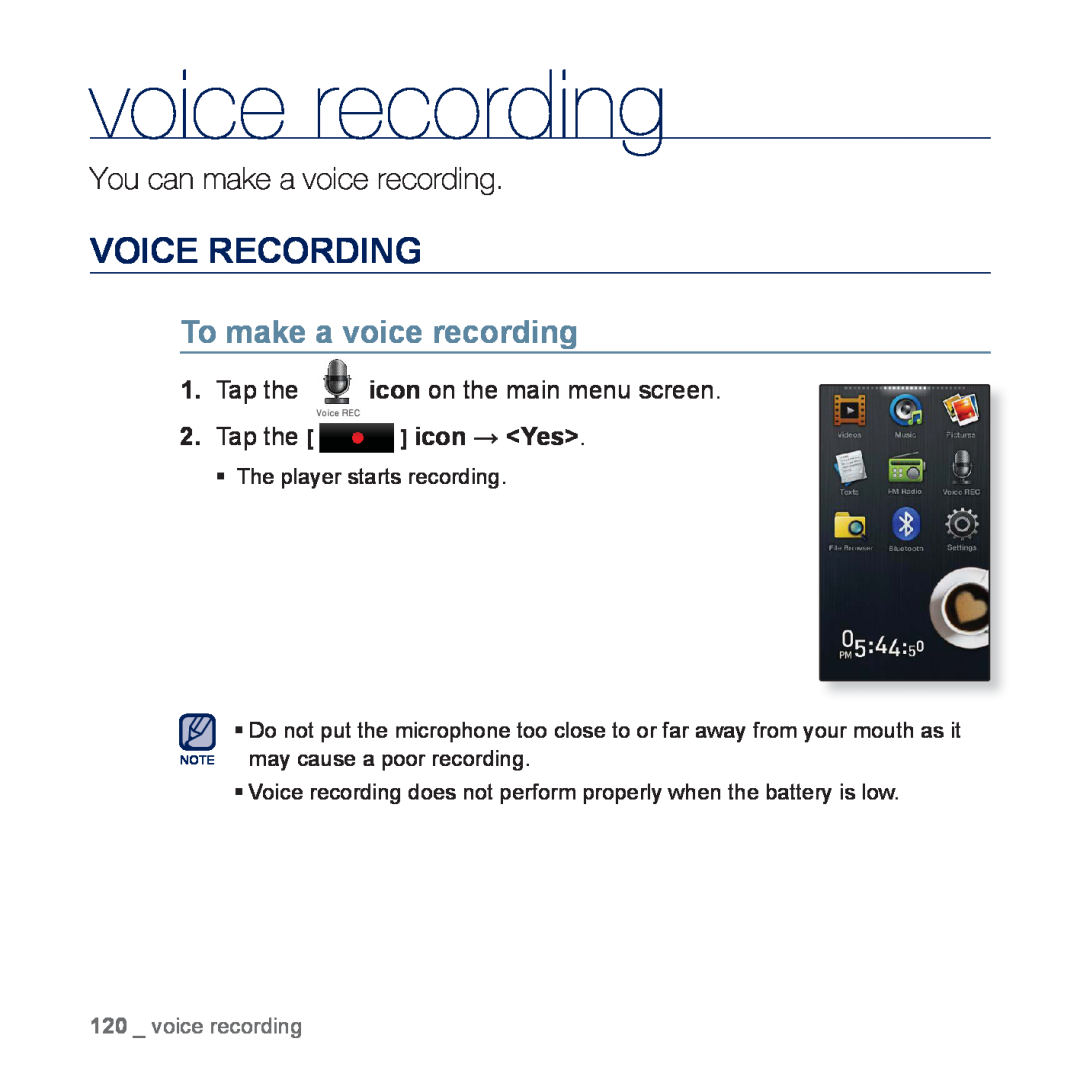 Samsung YP-P3CS/MEA, YP-P3CB/AAW manual Voice Recording, You can make a voice recording, To make a voice recording 