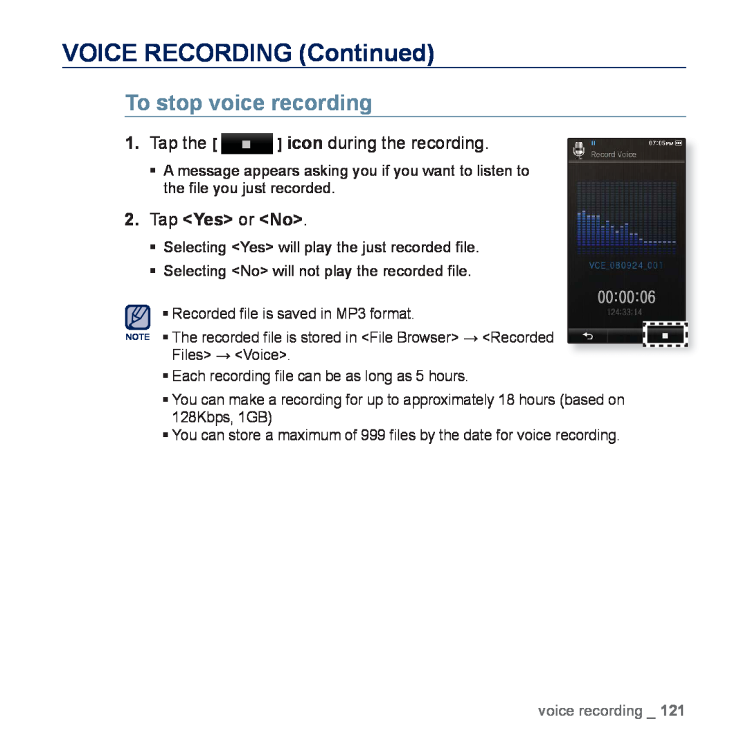 Samsung YP-P3CS/AAW, YP-P3CB/AAW VOICE RECORDING Continued, To stop voice recording, Tap the icon during the recording 